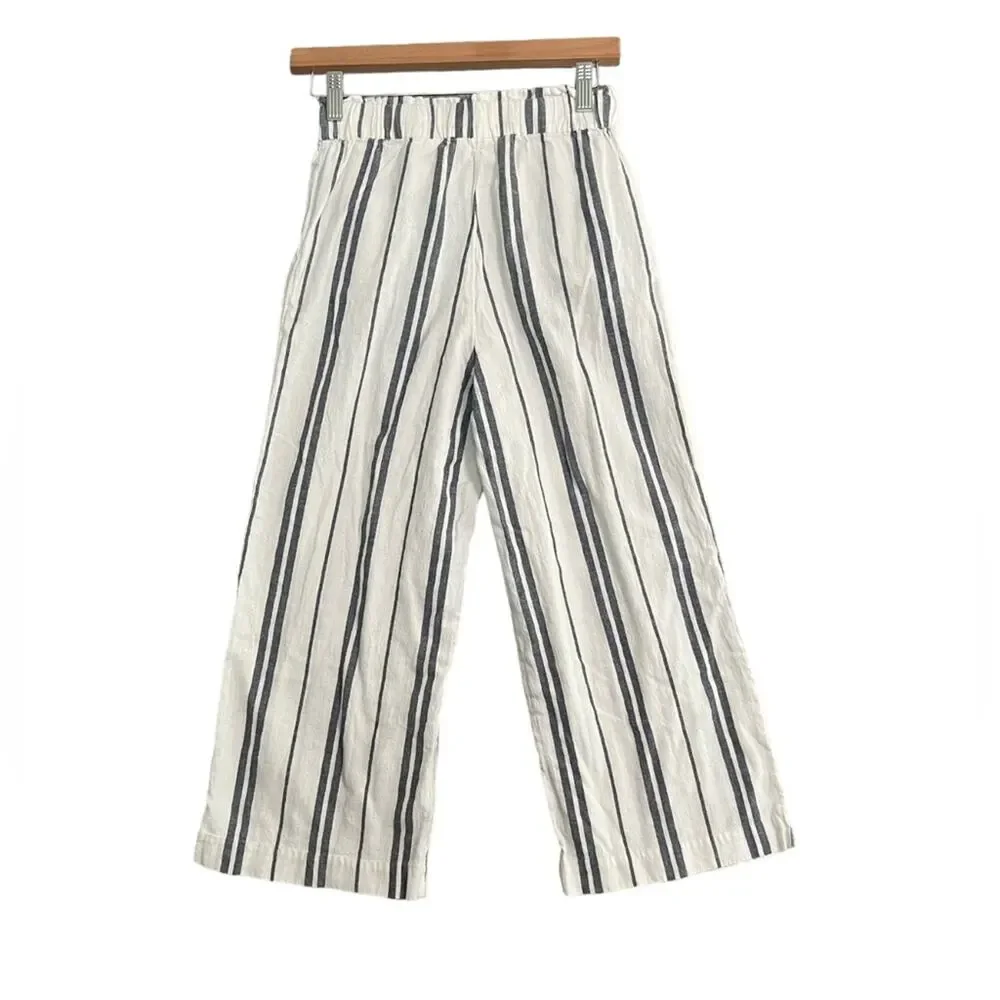 H&M Womens Pants Size 2 Blue White Striped Wide Leg Cropped Linen Blend Coastal